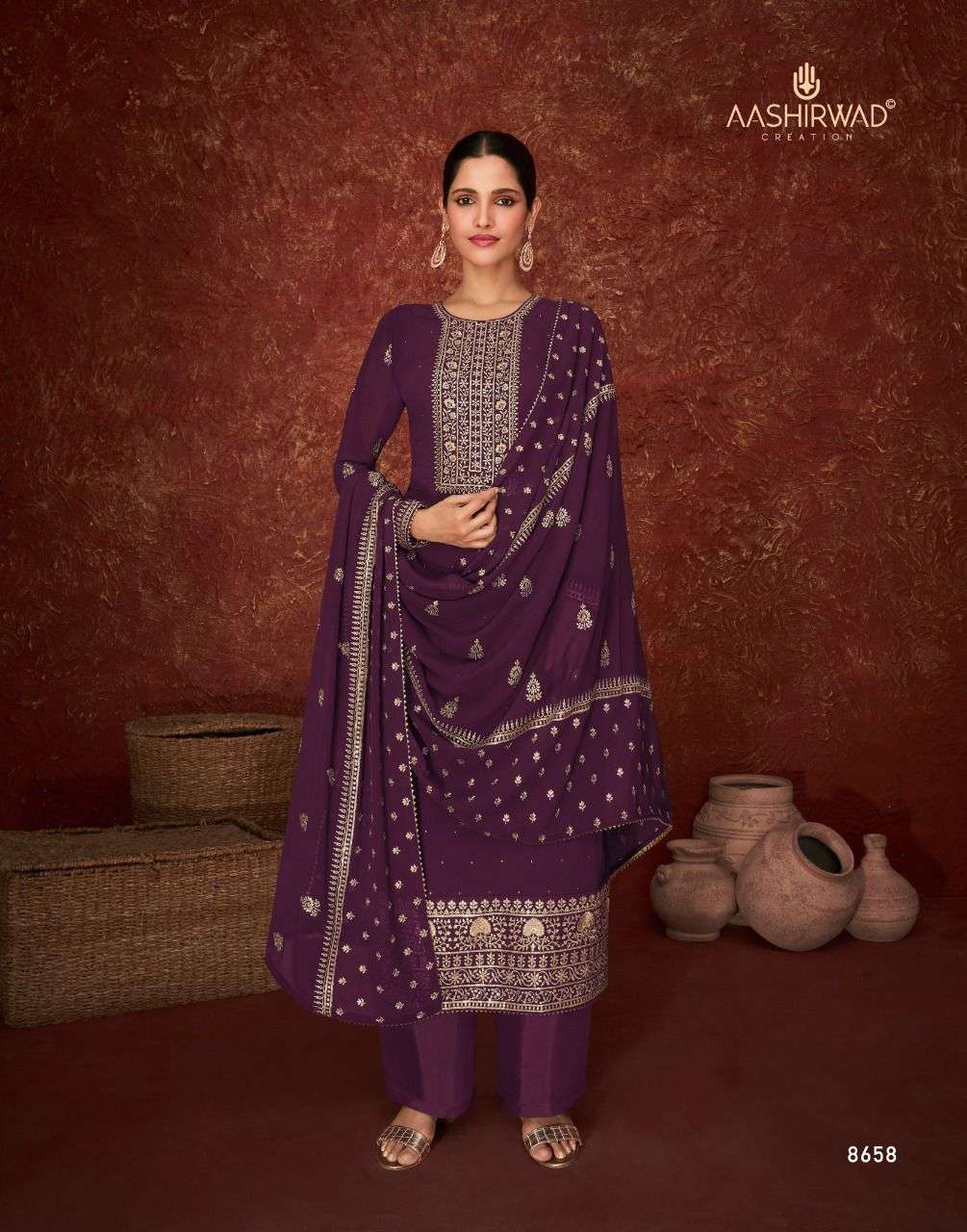 AASHIRWAD CREATION PRESENT PARINEETA REAL GEORGETTE WITH EMBROIDERY WORK SEMI STITCHED COLLECTION IN WHOLESALE PRICE IN SURAT - SAI DRESSES