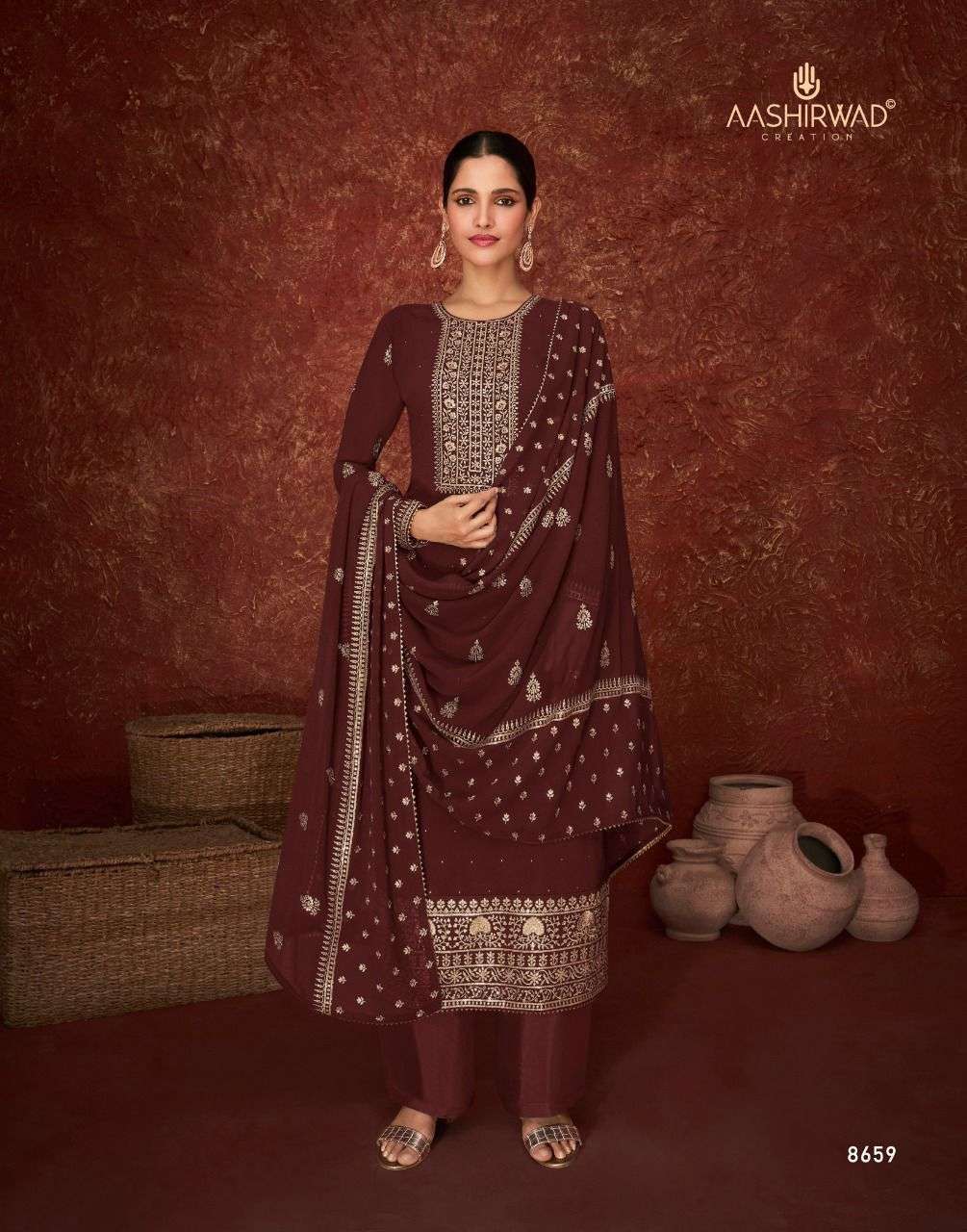 AASHIRWAD CREATION PRESENT PARINEETA REAL GEORGETTE WITH EMBROIDERY WORK SEMI STITCHED COLLECTION IN WHOLESALE PRICE IN SURAT - SAI DRESSES