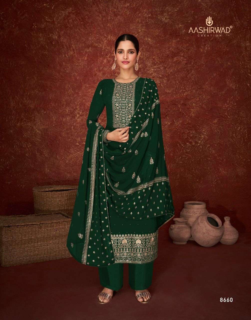 AASHIRWAD CREATION PRESENT PARINEETA REAL GEORGETTE WITH EMBROIDERY WORK SEMI STITCHED COLLECTION IN WHOLESALE PRICE IN SURAT - SAI DRESSES