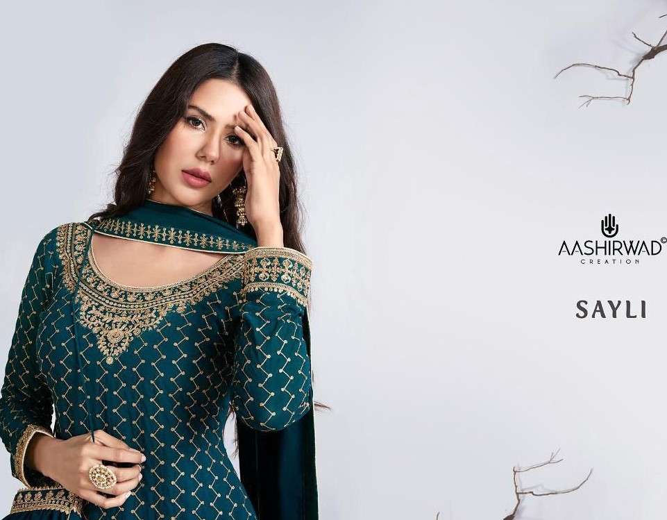 AASHIRWAD CREATION PRESENT SAYLI REAL GEORGETTE WITH EMBROIDERY WORK SEMI STITCHED DESIGNER SUIT IN WHOLESALE PRICE IN SURAT - SAI DRESSES