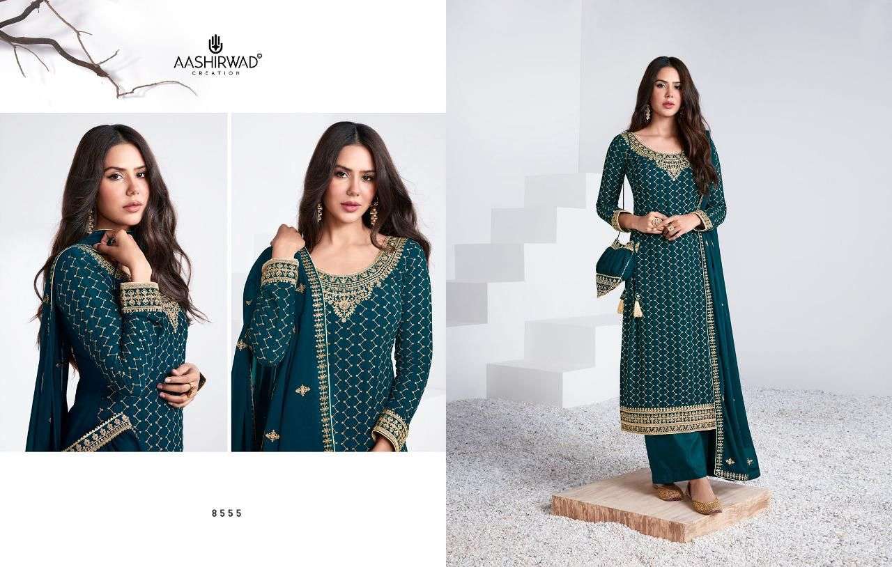 AASHIRWAD CREATION PRESENT SAYLI REAL GEORGETTE WITH EMBROIDERY WORK SEMI STITCHED DESIGNER SUIT IN WHOLESALE PRICE IN SURAT - SAI DRESSES