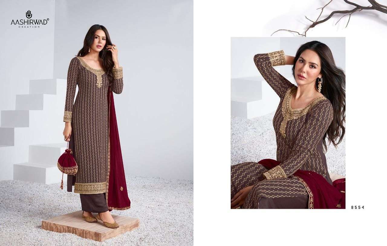 AASHIRWAD CREATION PRESENT SAYLI REAL GEORGETTE WITH EMBROIDERY WORK SEMI STITCHED DESIGNER SUIT IN WHOLESALE PRICE IN SURAT - SAI DRESSES