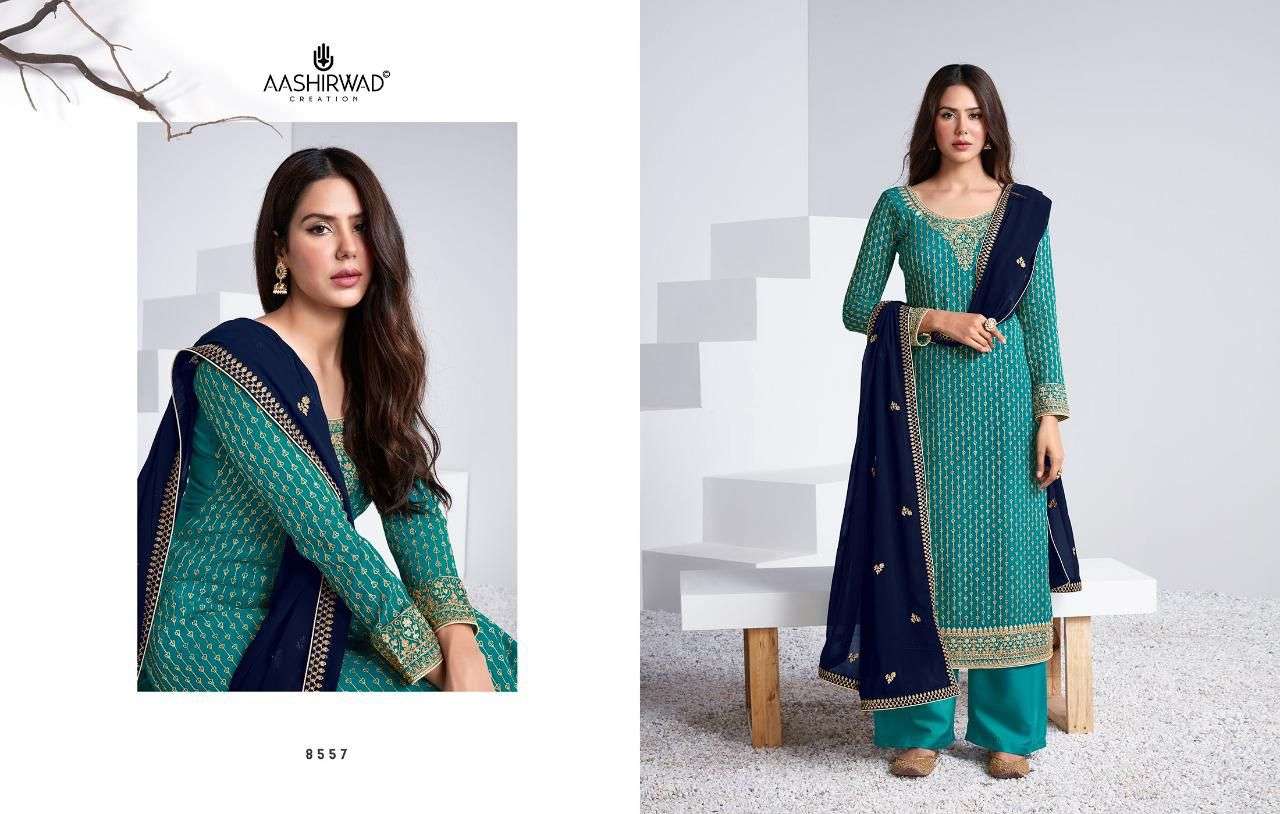 AASHIRWAD CREATION PRESENT SAYLI REAL GEORGETTE WITH EMBROIDERY WORK SEMI STITCHED DESIGNER SUIT IN WHOLESALE PRICE IN SURAT - SAI DRESSES