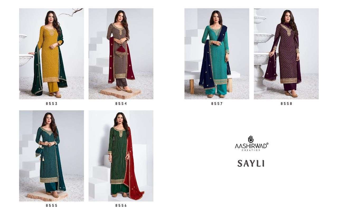 AASHIRWAD CREATION PRESENT SAYLI REAL GEORGETTE WITH EMBROIDERY WORK SEMI STITCHED DESIGNER SUIT IN WHOLESALE PRICE IN SURAT - SAI DRESSES