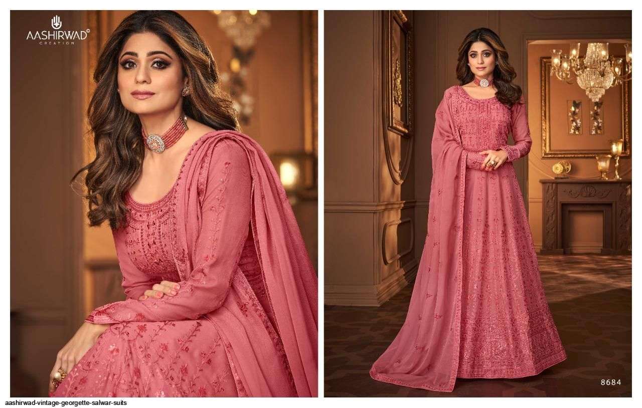 AASHIRWAD CREATION PRESENT VINTAGE READY MADE GEORGETTE DESIGNER SUITS IN WHOLESALE PRICE IN SURAT - SAI DRESSES