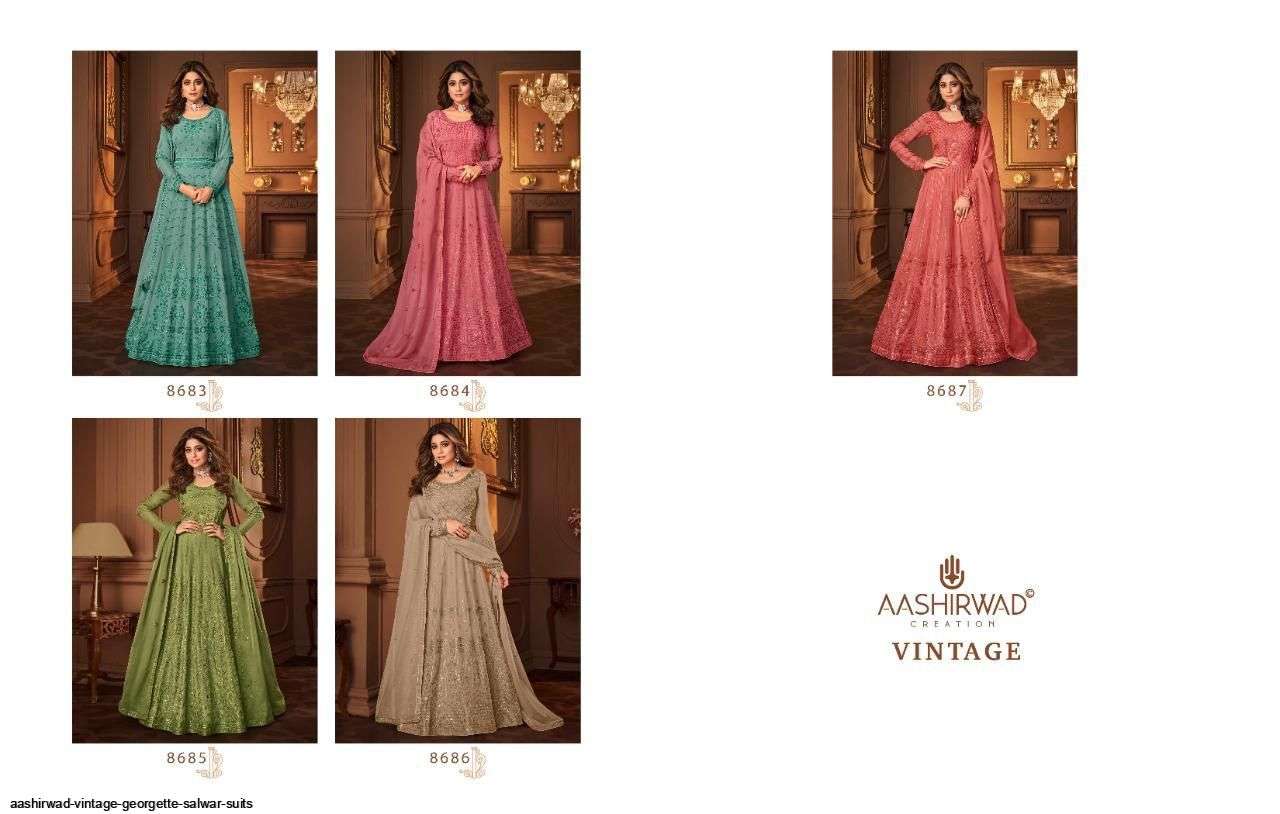 AASHIRWAD CREATION PRESENT VINTAGE READY MADE GEORGETTE DESIGNER SUITS IN WHOLESALE PRICE IN SURAT - SAI DRESSES