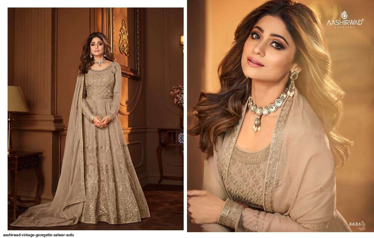 AASHIRWAD CREATION PRESENT VINTAGE READY MADE GEORGETTE DESIGNER SUITS IN WHOLESALE PRICE IN SURAT - SAI DRESSES