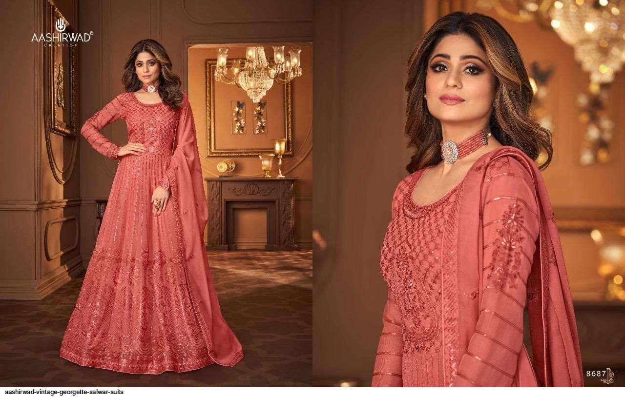 AASHIRWAD CREATION PRESENT VINTAGE READY MADE GEORGETTE DESIGNER SUITS IN WHOLESALE PRICE IN SURAT - SAI DRESSES