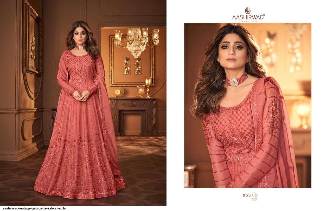AASHIRWAD CREATION PRESENT VINTAGE READY MADE GEORGETTE DESIGNER SUITS IN WHOLESALE PRICE IN SURAT - SAI DRESSES