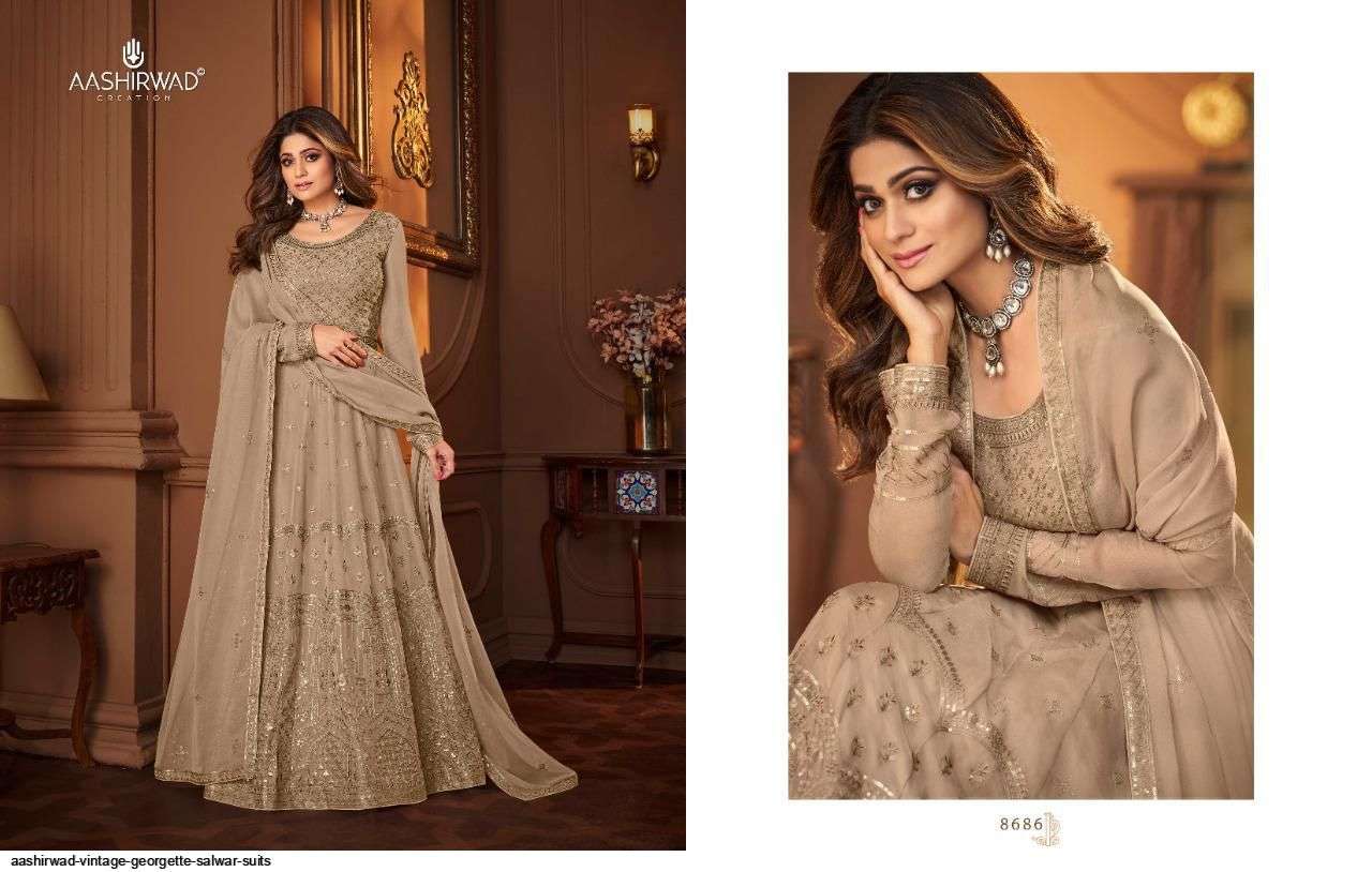 AASHIRWAD CREATION PRESENT VINTAGE READY MADE GEORGETTE DESIGNER SUITS IN WHOLESALE PRICE IN SURAT - SAI DRESSES