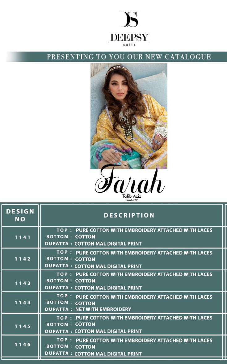DEEPSY SUITS PRESENTS FARAH TALIB AZIZ LAWN VOL-22 PAKISTANI SUITS CATALOGUE COLLECTION IN WHOLESALE PRICE IN SURAT - SAI DRESSES 