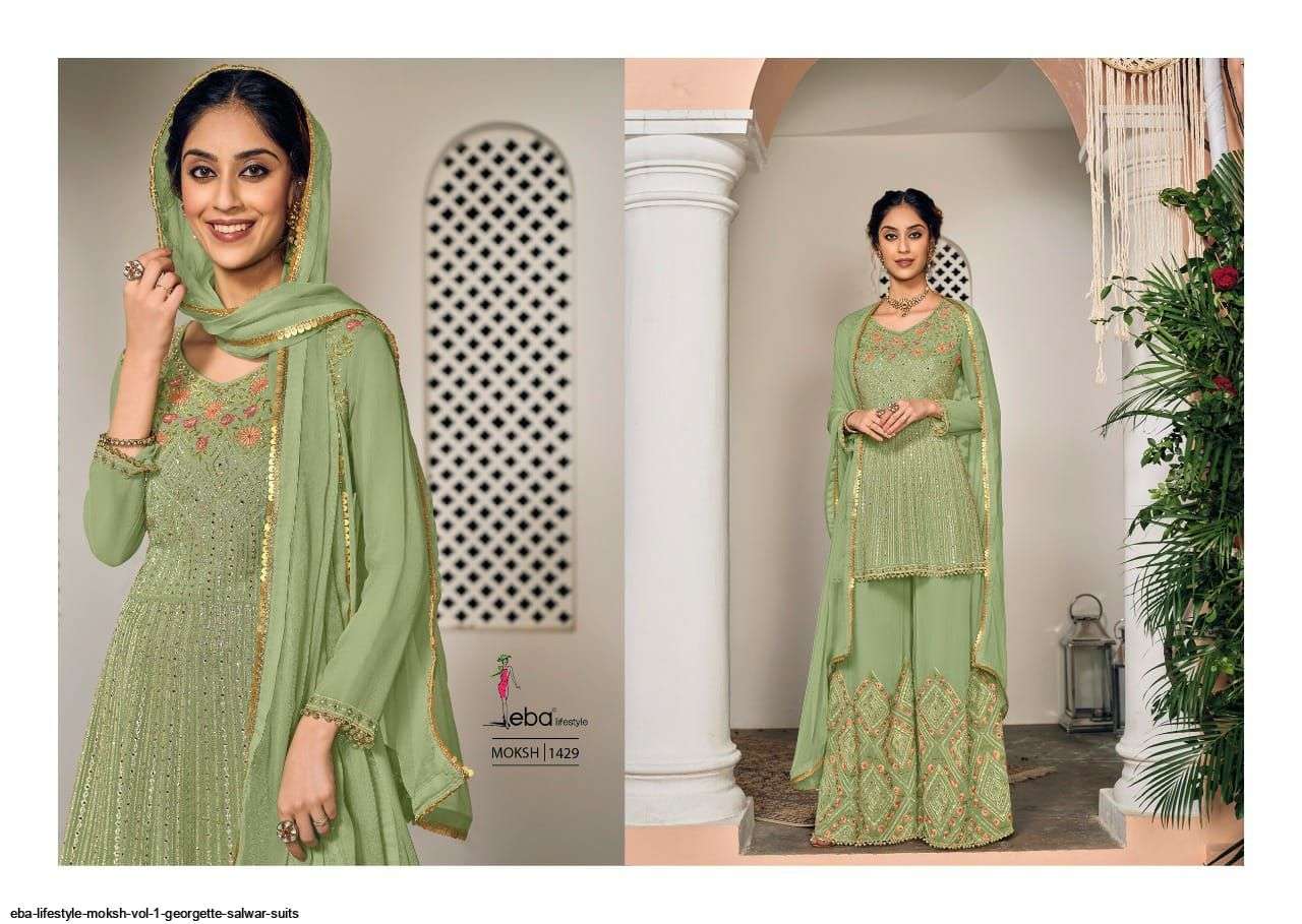 EBA LIFESTYLE PRESENT MOKSH SEMI STITCHED GEORGETTE PLAZZO STYLE FANCY DESIGNER SUITS IN WHOLESALE PRICE IN SURAT - SAI DRESSES