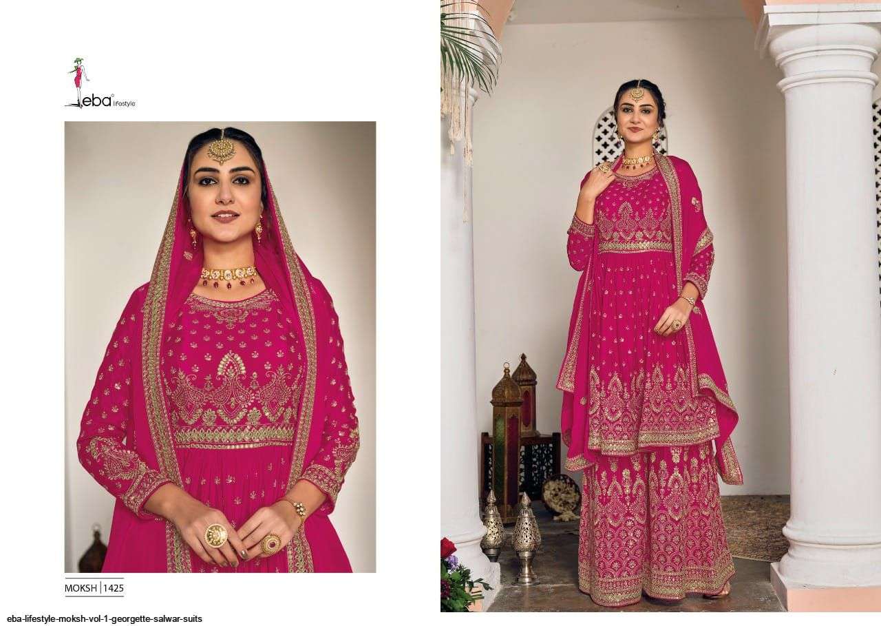 EBA LIFESTYLE PRESENT MOKSH SEMI STITCHED GEORGETTE PLAZZO STYLE FANCY DESIGNER SUITS IN WHOLESALE PRICE IN SURAT - SAI DRESSES