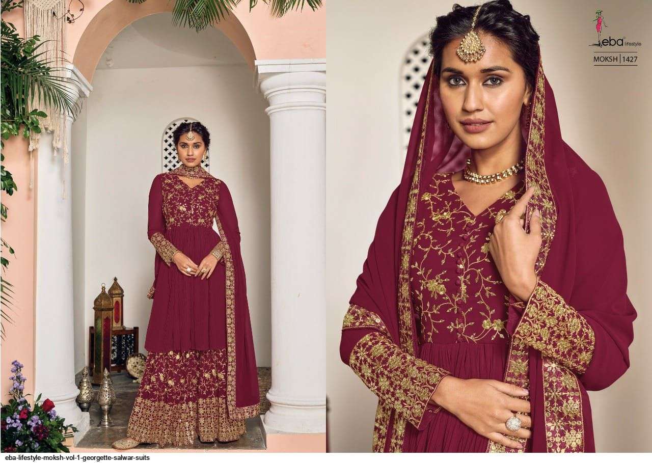 EBA LIFESTYLE PRESENT MOKSH SEMI STITCHED GEORGETTE PLAZZO STYLE FANCY DESIGNER SUITS IN WHOLESALE PRICE IN SURAT - SAI DRESSES