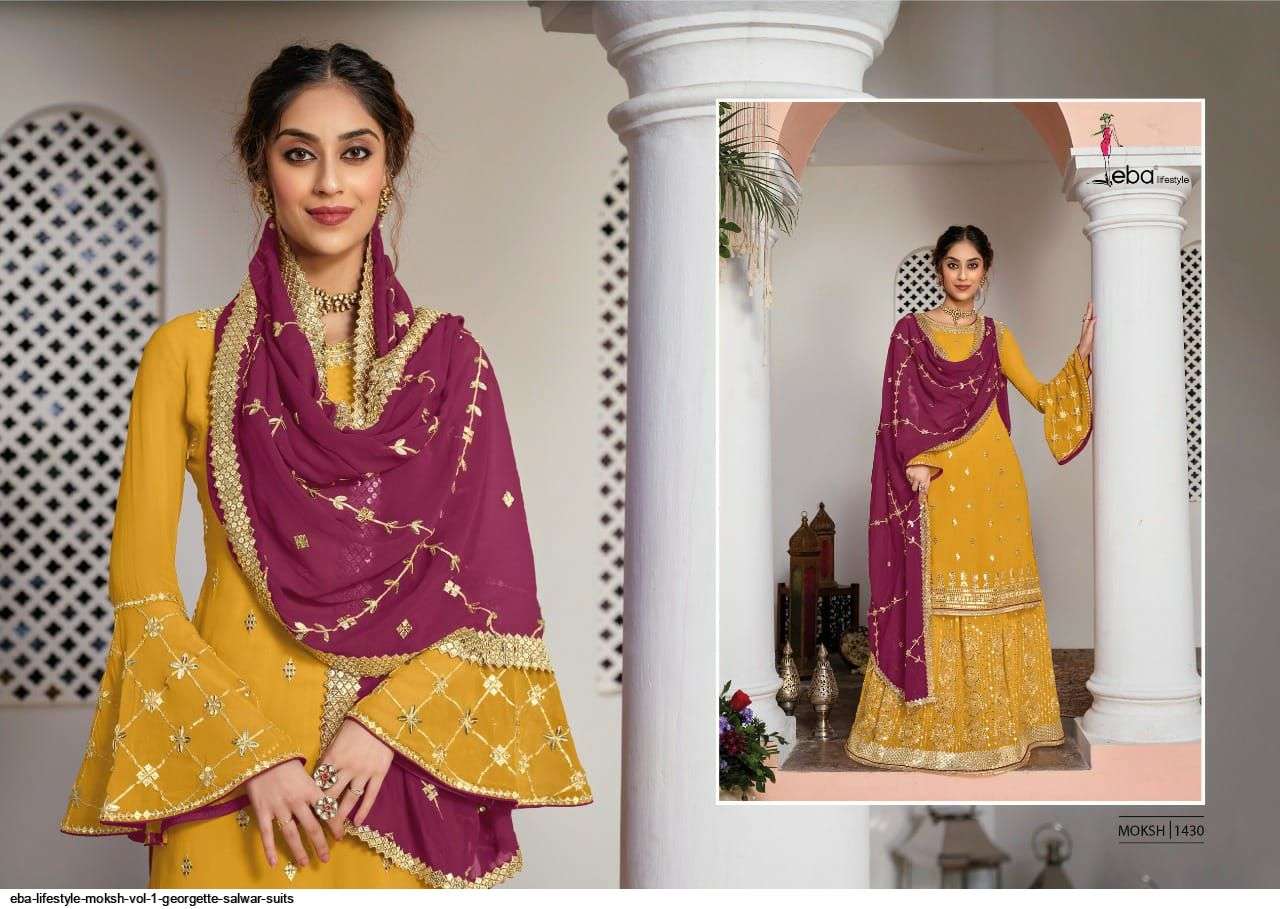 EBA LIFESTYLE PRESENT MOKSH SEMI STITCHED GEORGETTE PLAZZO STYLE FANCY DESIGNER SUITS IN WHOLESALE PRICE IN SURAT - SAI DRESSES
