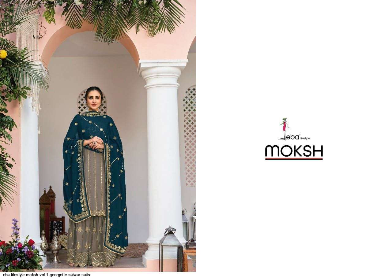 EBA LIFESTYLE PRESENT MOKSH SEMI STITCHED GEORGETTE PLAZZO STYLE FANCY DESIGNER SUITS IN WHOLESALE PRICE IN SURAT - SAI DRESSES