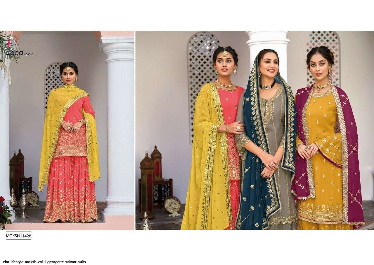 EBA LIFESTYLE PRESENT MOKSH SEMI STITCHED GEORGETTE PLAZZO STYLE FANCY DESIGNER SUITS IN WHOLESALE PRICE IN SURAT - SAI DRESSES