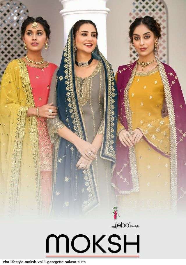 EBA LIFESTYLE PRESENT MOKSH SEMI STITCHED GEORGETTE PLAZZO STYLE FANCY DESIGNER SUITS IN WHOLESALE PRICE IN SURAT - SAI DRESSES