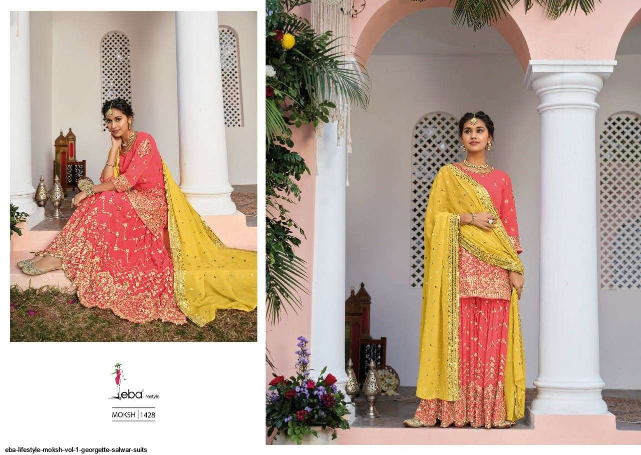 EBA LIFESTYLE PRESENT MOKSH SEMI STITCHED GEORGETTE PLAZZO STYLE FANCY DESIGNER SUITS IN WHOLESALE PRICE IN SURAT - SAI DRESSES