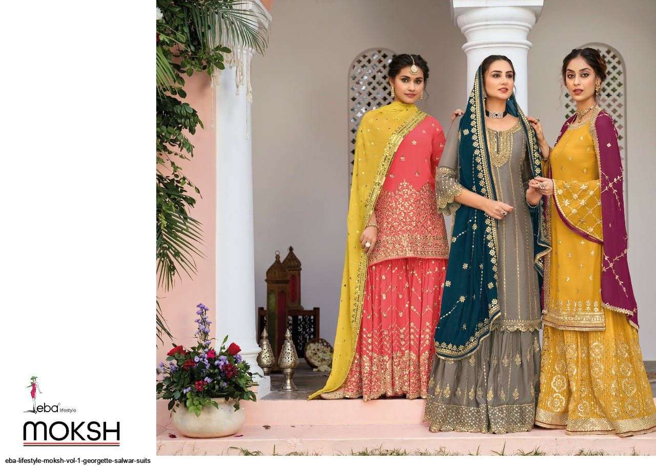 EBA LIFESTYLE PRESENT MOKSH SEMI STITCHED GEORGETTE PLAZZO STYLE FANCY DESIGNER SUITS IN WHOLESALE PRICE IN SURAT - SAI DRESSES