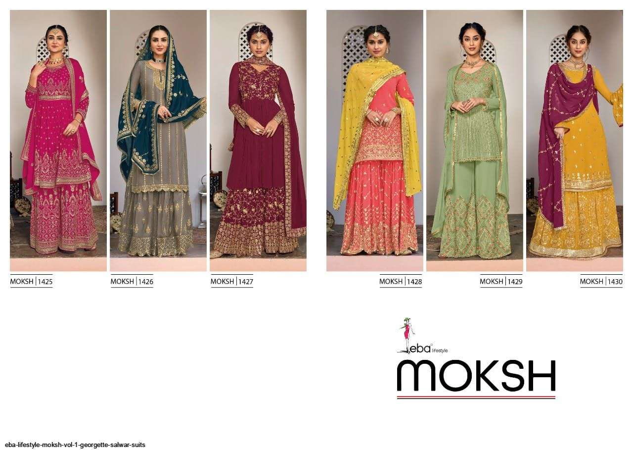 EBA LIFESTYLE PRESENT MOKSH SEMI STITCHED GEORGETTE PLAZZO STYLE FANCY DESIGNER SUITS IN WHOLESALE PRICE IN SURAT - SAI DRESSES