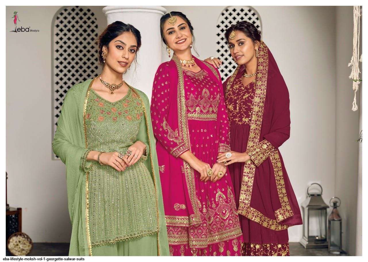 EBA LIFESTYLE PRESENT MOKSH SEMI STITCHED GEORGETTE PLAZZO STYLE FANCY DESIGNER SUITS IN WHOLESALE PRICE IN SURAT - SAI DRESSES