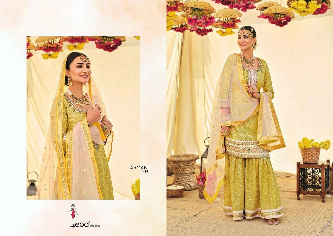 EBA LIFESTYLE PRESENTS ARMANI VOL-02 SARARA & GARARA STYLE SUITS IN WHOLESALE PRICE IN SURAT - SAI DRESSES 