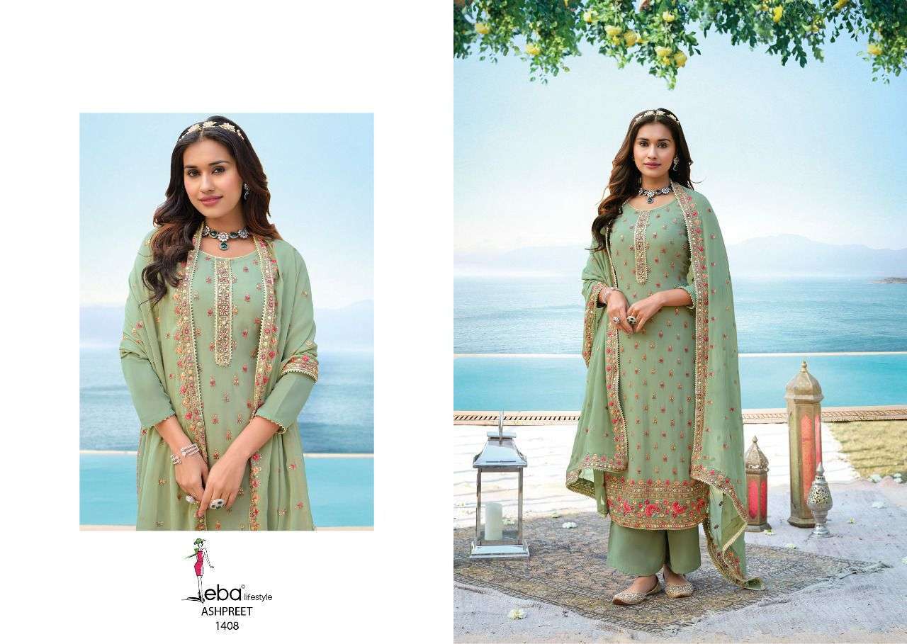 EBA LIFESTYLE PRESENTS ASHPREET VOL-04 CHINON UNSTICHED SALWAR SUITS IN WHOLESALE PRICE IN SURAT - SAI DRESSES 