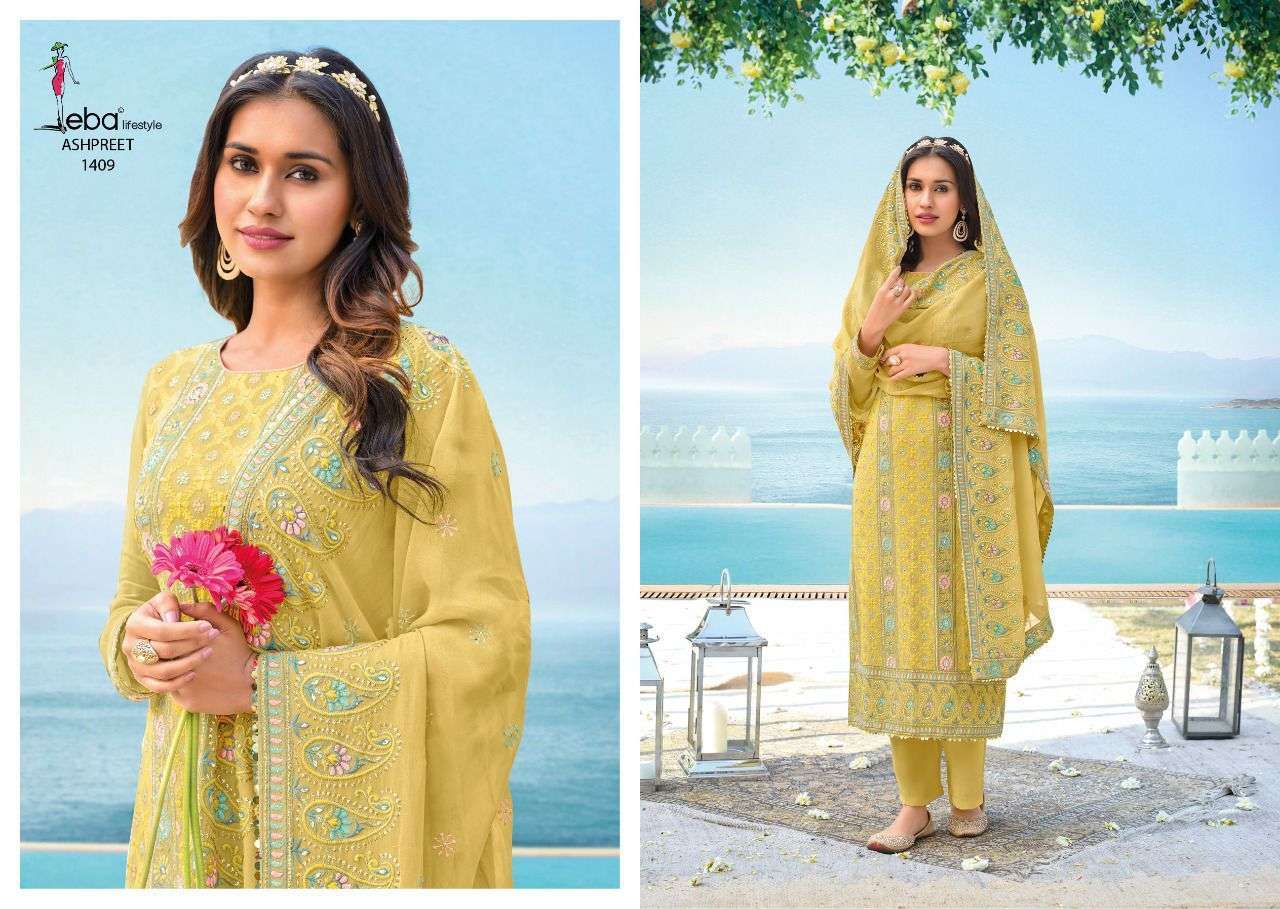 EBA LIFESTYLE PRESENTS ASHPREET VOL-04 CHINON UNSTICHED SALWAR SUITS IN WHOLESALE PRICE IN SURAT - SAI DRESSES 