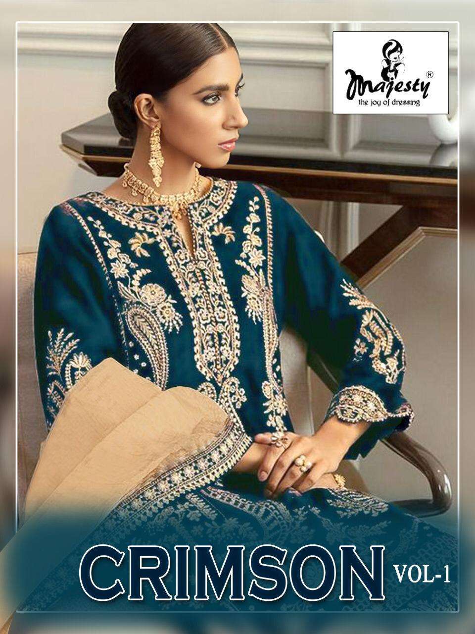 MAJESTY PRESENT CRIMSON VOL 1 SEMI STITCHED FOX GEORGETTE HEAVY DESIGNER PAKISTANI SUITS IN WHOLESALE PRICE IN SURAT - SAI DRESSES