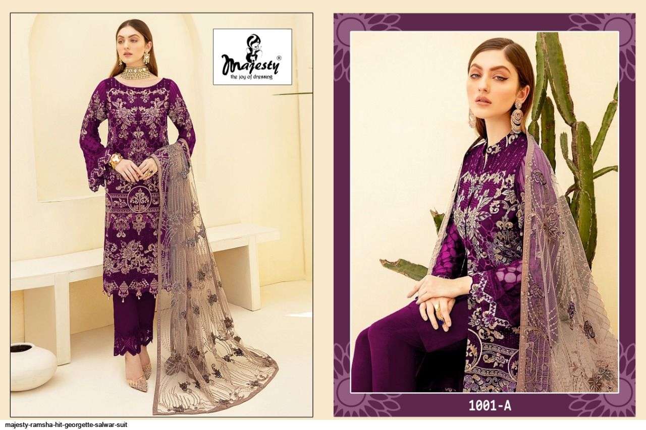 MAJESTY PRESENT RAMSHA - HIT GEORGETTE SEMI STITCHED PAKISTANI SALWAR SUITS IN WHOLESALE PRICE IN SURAT - SAI DRESSES