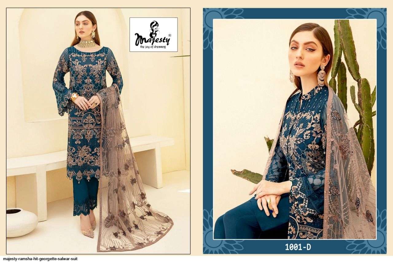 MAJESTY PRESENT RAMSHA - HIT GEORGETTE SEMI STITCHED PAKISTANI SALWAR SUITS IN WHOLESALE PRICE IN SURAT - SAI DRESSES