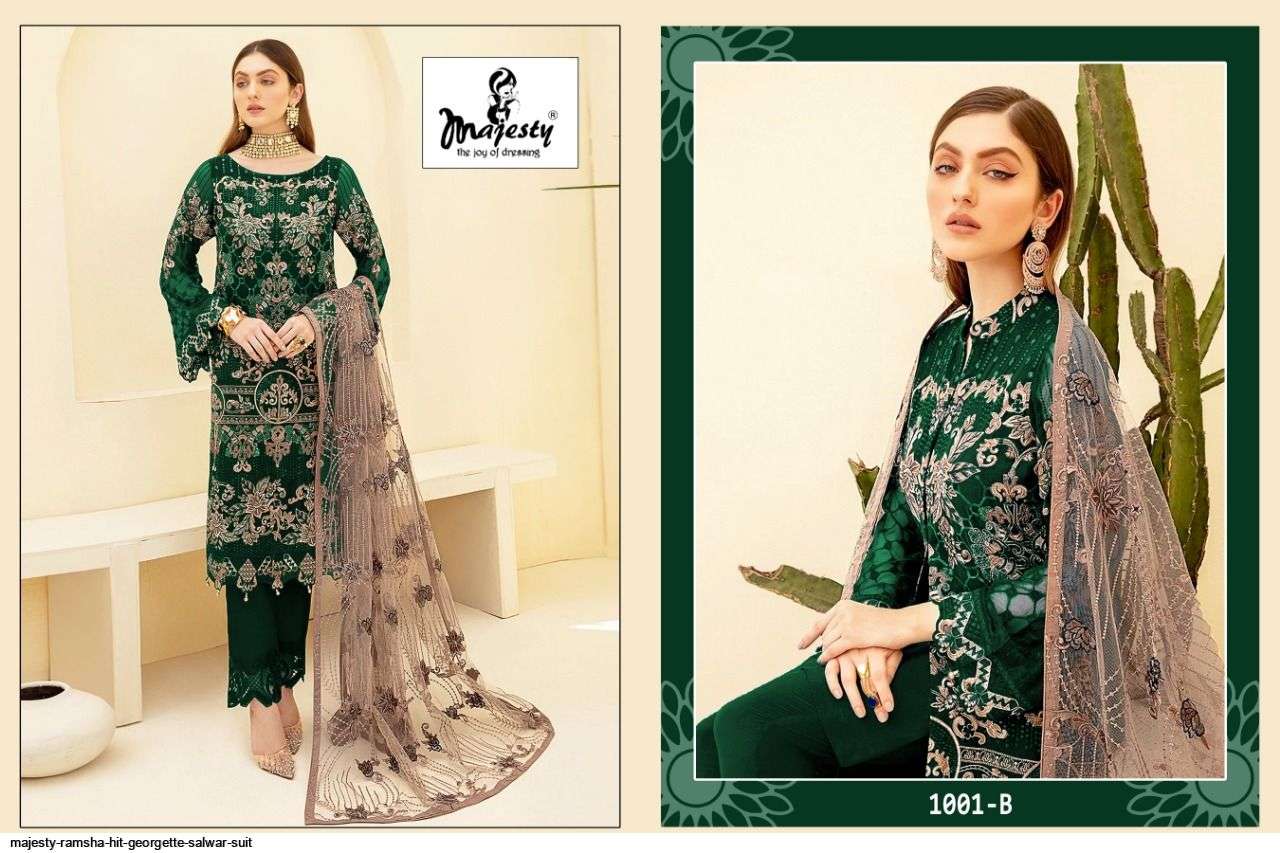 MAJESTY PRESENT RAMSHA - HIT GEORGETTE SEMI STITCHED PAKISTANI SALWAR SUITS IN WHOLESALE PRICE IN SURAT - SAI DRESSES