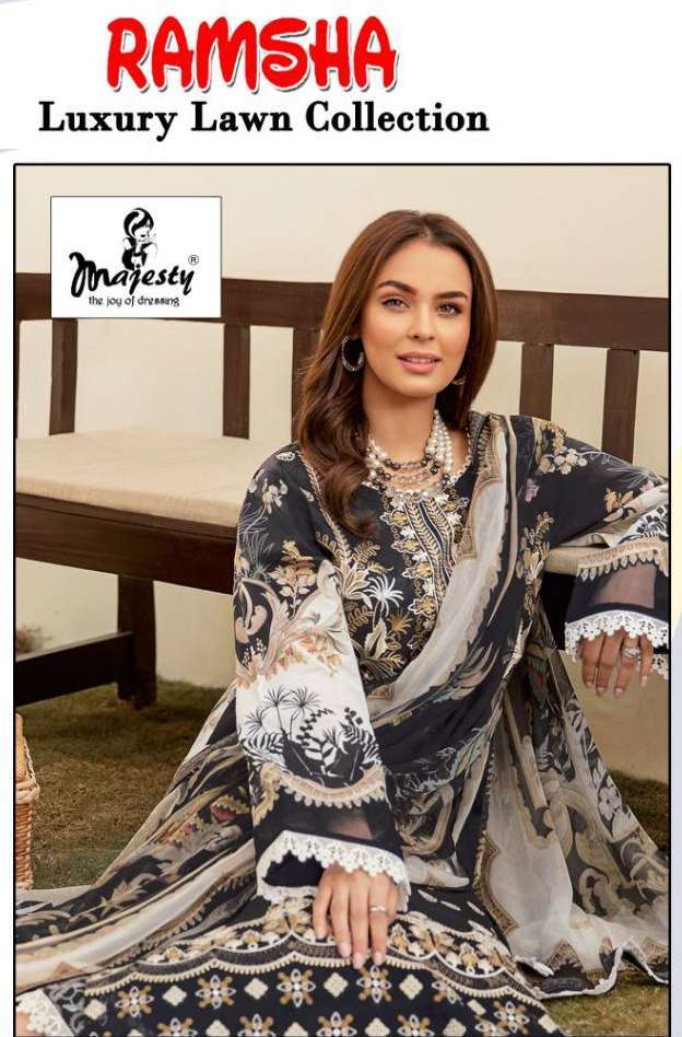 MAJESTY PRESENT RAMSHA LUXURY LAWN COLLECTION COTTON EMBROIDERY DESIGNER SUITS IN WHOLESALE PRICE IN SURAT - SAI DRESSES