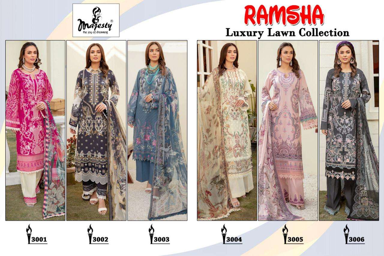  MAJESTY PRESENT RAMSHA LUXURY LAWN COLLECTION COTTON EMBROIDERY DESIGNER SUITS IN WHOLESALE PRICE IN SURAT - SAI DRESSES