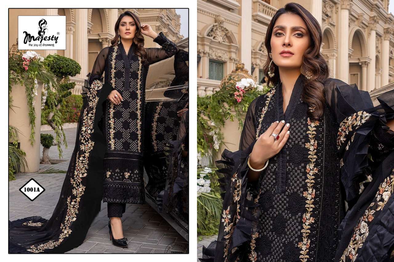 MAJESTY PRESENT SATRANGI CATALOG 1001-A TO 1001-D SERIES GEORGETTE PAKISTANI DESIGNER SUITS IN WHOLESALE PRICE IN SURAT - SAI DRESSES
