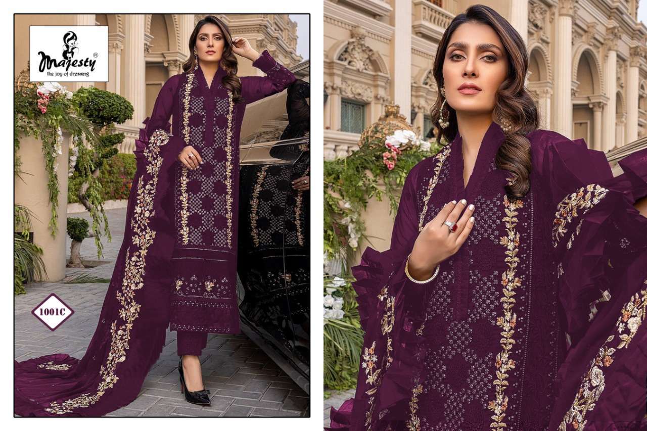 MAJESTY PRESENT SATRANGI CATALOG 1001-A TO 1001-D SERIES GEORGETTE PAKISTANI DESIGNER SUITS IN WHOLESALE PRICE IN SURAT - SAI DRESSES