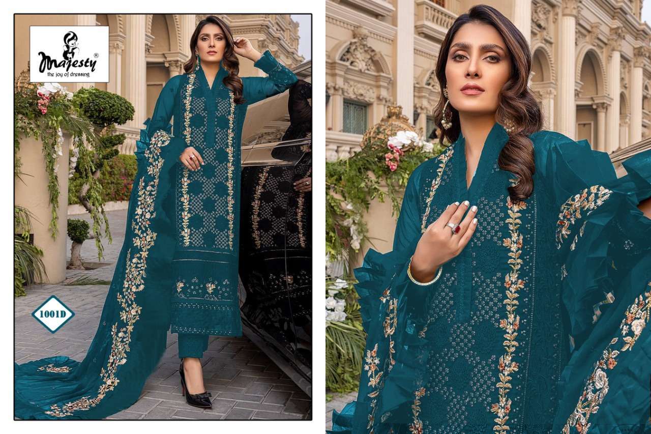 MAJESTY PRESENT SATRANGI CATALOG 1001-A TO 1001-D SERIES GEORGETTE PAKISTANI DESIGNER SUITS IN WHOLESALE PRICE IN SURAT - SAI DRESSES