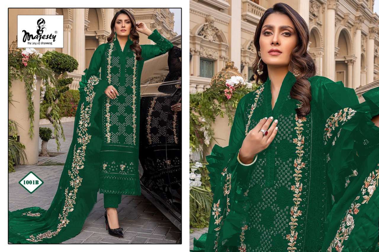 MAJESTY PRESENT SATRANGI CATALOG 1001-A TO 1001-D SERIES GEORGETTE PAKISTANI DESIGNER SUITS IN WHOLESALE PRICE IN SURAT - SAI DRESSES