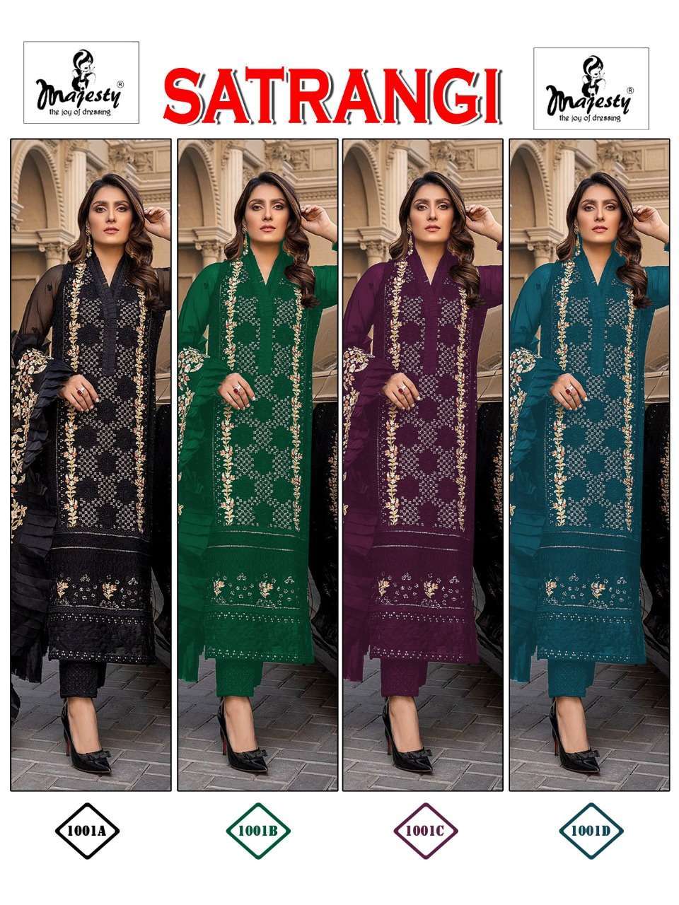 MAJESTY PRESENT SATRANGI CATALOG 1001-A TO 1001-D SERIES GEORGETTE PAKISTANI DESIGNER SUITS IN WHOLESALE PRICE IN SURAT - SAI DRESSES