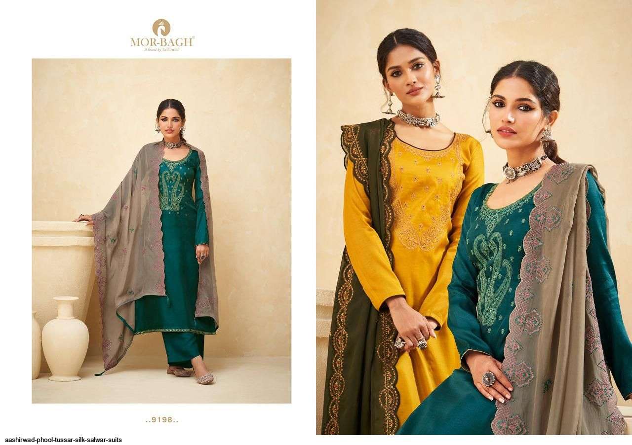 MORBAGH PRESENT PHOOL BY AASHIRWAD PREMIUM TUSSAR SILK CLASSY DESIGNER SUITS IN WHOLESALE PRICE IN SURAT - SAI DRESSES