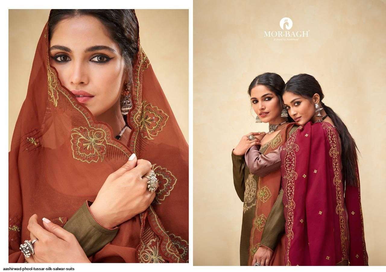 MORBAGH PRESENT PHOOL BY AASHIRWAD PREMIUM TUSSAR SILK CLASSY DESIGNER SUITS IN WHOLESALE PRICE IN SURAT - SAI DRESSES