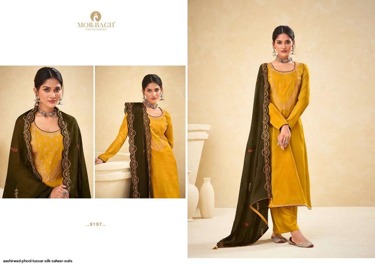 MORBAGH PRESENT PHOOL BY AASHIRWAD PREMIUM TUSSAR SILK CLASSY DESIGNER SUITS IN WHOLESALE PRICE IN SURAT - SAI DRESSES