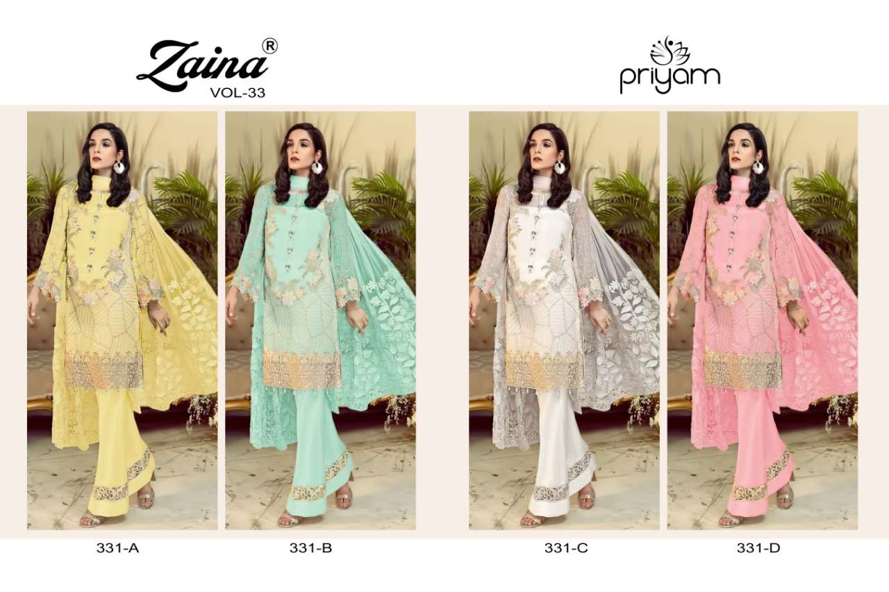 PRIYAM FASHION PRESENTS ZAINA VOL-33 D.N - 331.A.to 331.D DESIGNER SUITS COLLECTION IN WHOLESALE PRICE IN SURAT - SAI DRESSES 