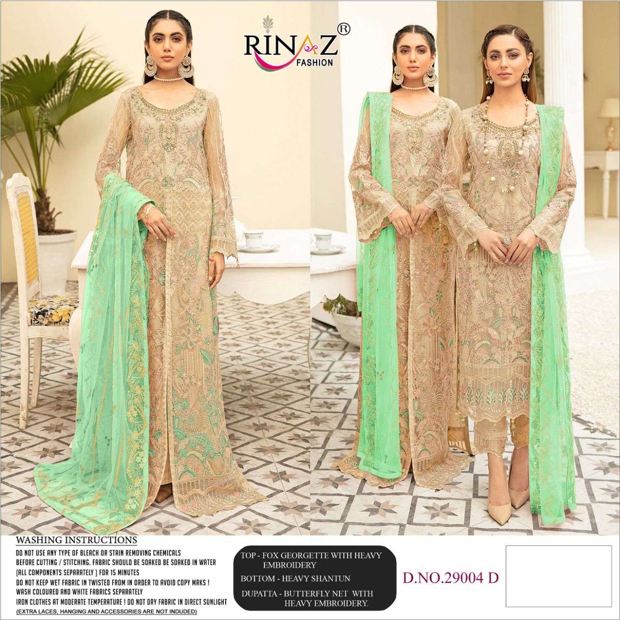 RINAZ FAHISON PRESENT RINAZ D.NO 29004 A To D.NO 29004 D SERIES GEORGETTE PAKISTANI DESIGNER SUITS IN WHOLESALE PRICE IN SURAT - SAI DRESSES