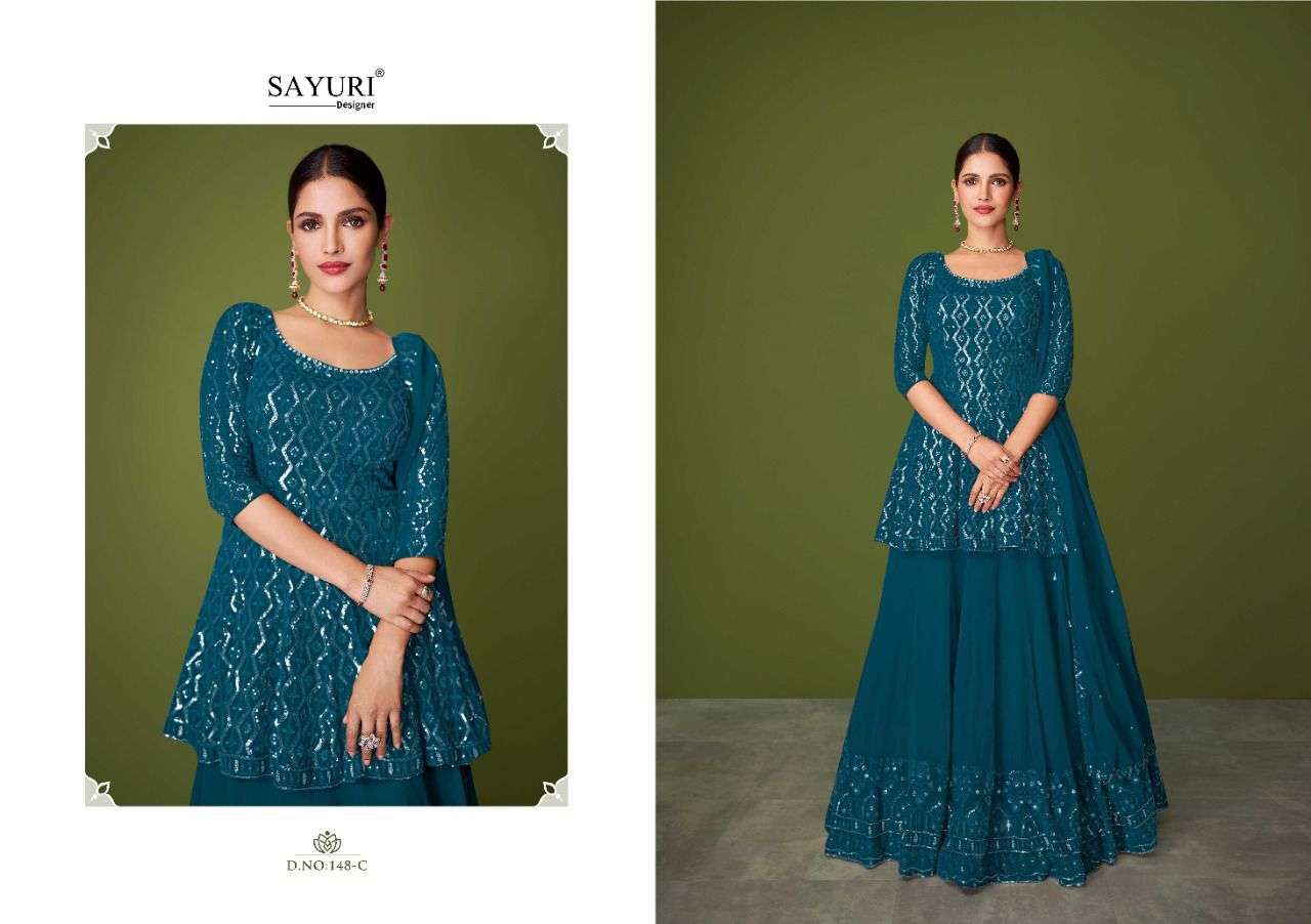  SAYURI DESIGNER PRESENT MURAD D.NO 148-A TO 148-E SERIES REAL GEORGETTE DESIGNER SUITS IN WHOLESALE PRICE IN SURAT - SAI DRESSES