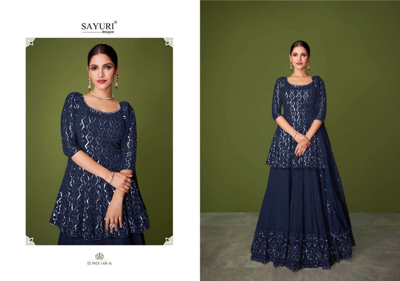  SAYURI DESIGNER PRESENT MURAD D.NO 148-A TO 148-E SERIES REAL GEORGETTE DESIGNER SUITS IN WHOLESALE PRICE IN SURAT - SAI DRESSES