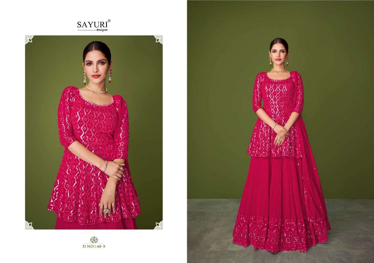  SAYURI DESIGNER PRESENT MURAD D.NO 148-A TO 148-E SERIES REAL GEORGETTE DESIGNER SUITS IN WHOLESALE PRICE IN SURAT - SAI DRESSES