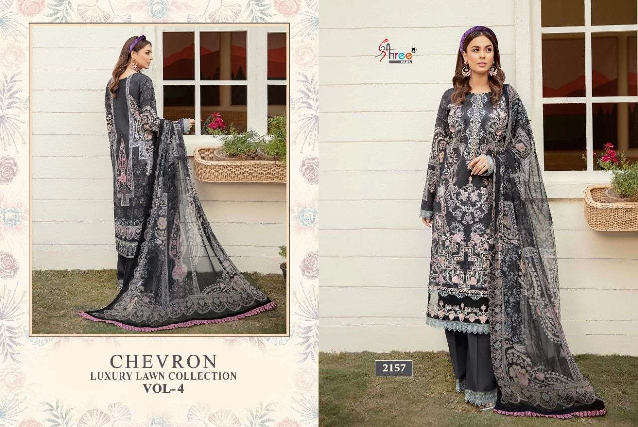 SHREE FABS PRESENT CHEVRON LUXURY LAWN COLLECTION VOL-04 PURE COTTON WITH EMBRODERY PAKISTANI DESIGNER SUITS IN WHOLESALE PRICE IN SURAT - SAI DRESSES