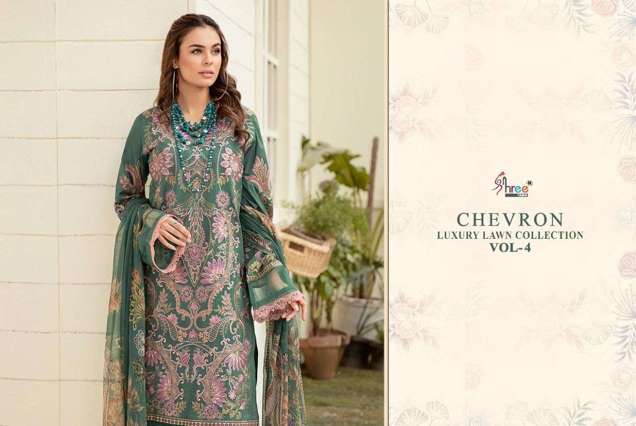 SHREE FABS PRESENT CHEVRON LUXURY LAWN COLLECTION VOL-04 PURE COTTON WITH EMBRODERY PAKISTANI DESIGNER SUITS IN WHOLESALE PRICE IN SURAT - SAI DRESSES